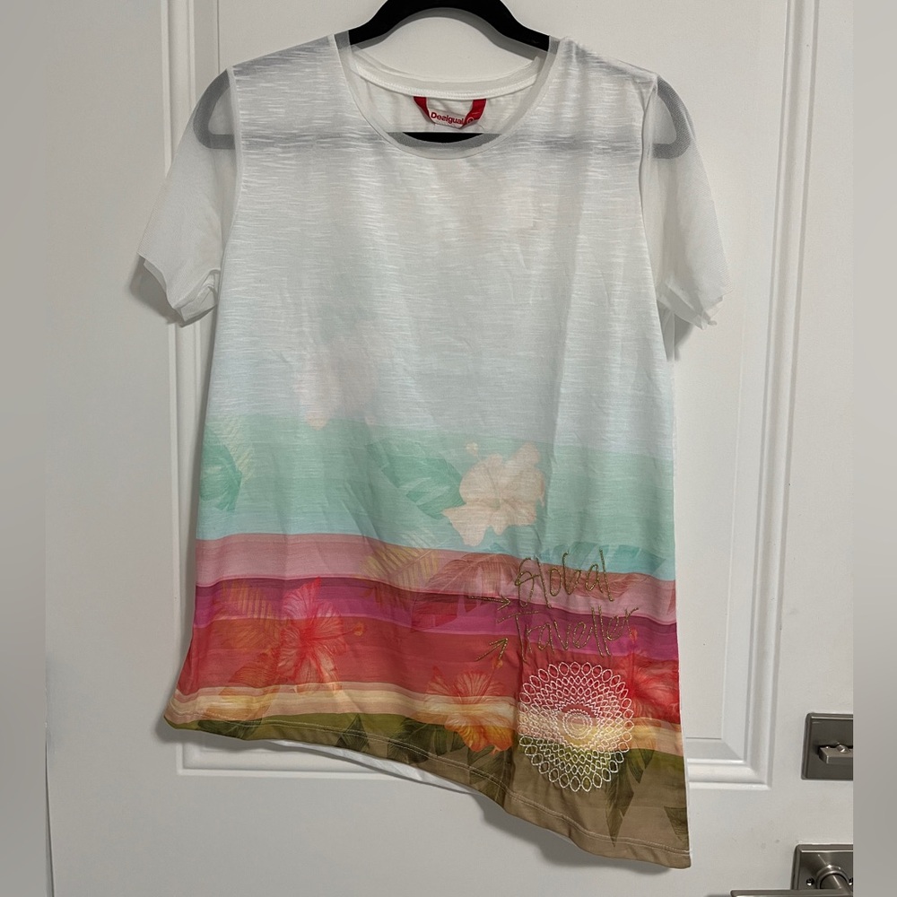 Desigual Women’s Asymmetrical Short Sheer Sleeve Tee - Made in Spain - L